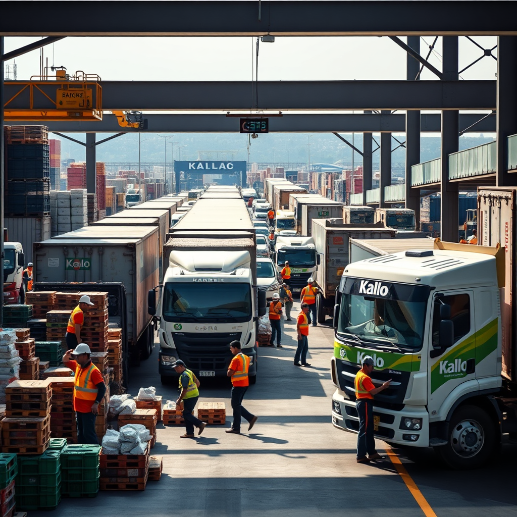 Capture a bustling freight terminal with Kalo-branded trucks being loaded with goods. Show employees working efficiently amidst a backdrop of crates and cargo. Focus on lively activity with bright colors representing productivity, using natural daylight to enhance visibility and detail.