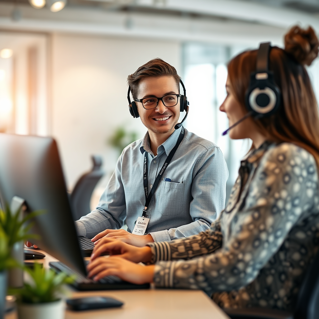 Capture a dedicated Kalo Transport support agent assisting a client over the phone, surrounded by modern technology. The environment should be a spacious, well-lit office with soft colors promoting tranquility. Use a mid-shot angle to emphasize the commitment to customer service and the agent's attentive nature.
