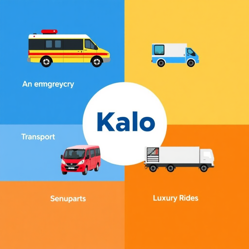 Capture an engaging collage that showcases the diverse transport services offered by Kalo. Use sections to highlight unique services like emergency transport, luxury rides, and freight solutions. Ensure each quadrant has its color scheme, maintaining visual interest. Add icons or small photos in each area representing each service, creating a vibrant visual map. The background should complement the colors used in the quadrants.