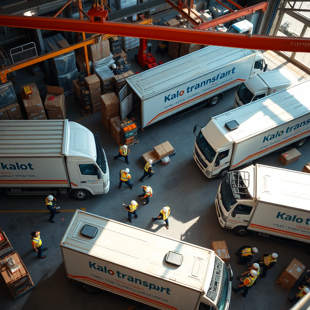 Craft an image of a Kalo Transport logistics center, bustling with activity. Show workers loading and unloading goods from trucks with clear branding. The environment should be organized yet lively, capturing the spirit of efficiency. Utilize an aerial viewpoint, showcasing the scale and capacity of the operation. Bright, natural lighting should illuminate the scene, emphasizing the professional environment and teamwork.