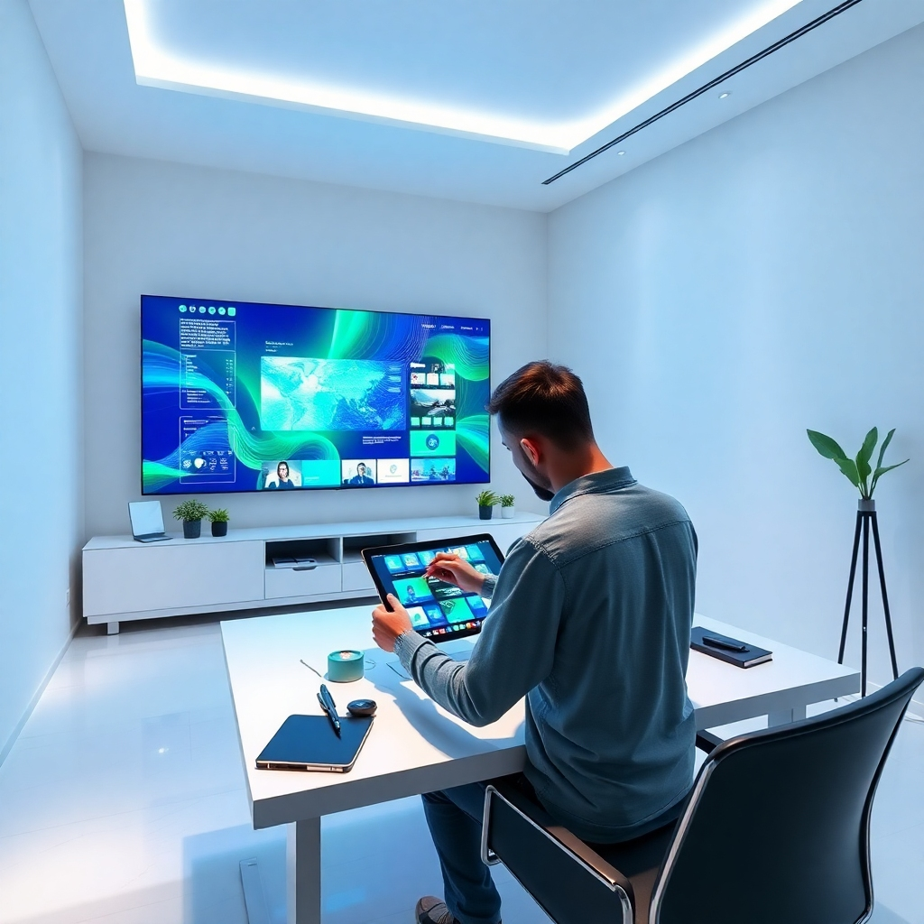 Create a photorealistic image of a modern web design studio showcasing AI-driven website creation. The room should be minimalistic with sleek white walls and a large digital screen displaying a vibrant, dynamic website interface. Soft diffused lighting illuminates the space, casting gentle shadows that enhance the high-tech ambiance. The color palette features bright blues, greens, and whites, accentuating a fresh, innovative atmosphere. A designer, engaged with a futuristic tablet, sketches vibrant website elements with an expressive fluidity. The scene includes a stylish desk with digital design tools and ambient tech-inspired décor. The camera angle should be slightly elevated, capturing both the designer's actions and the expansive digital display. Ensure hyperrealistic textures on the materials, especially on the tablet and screen, emphasizing 8K resolution and ultra-detail in every aspect.