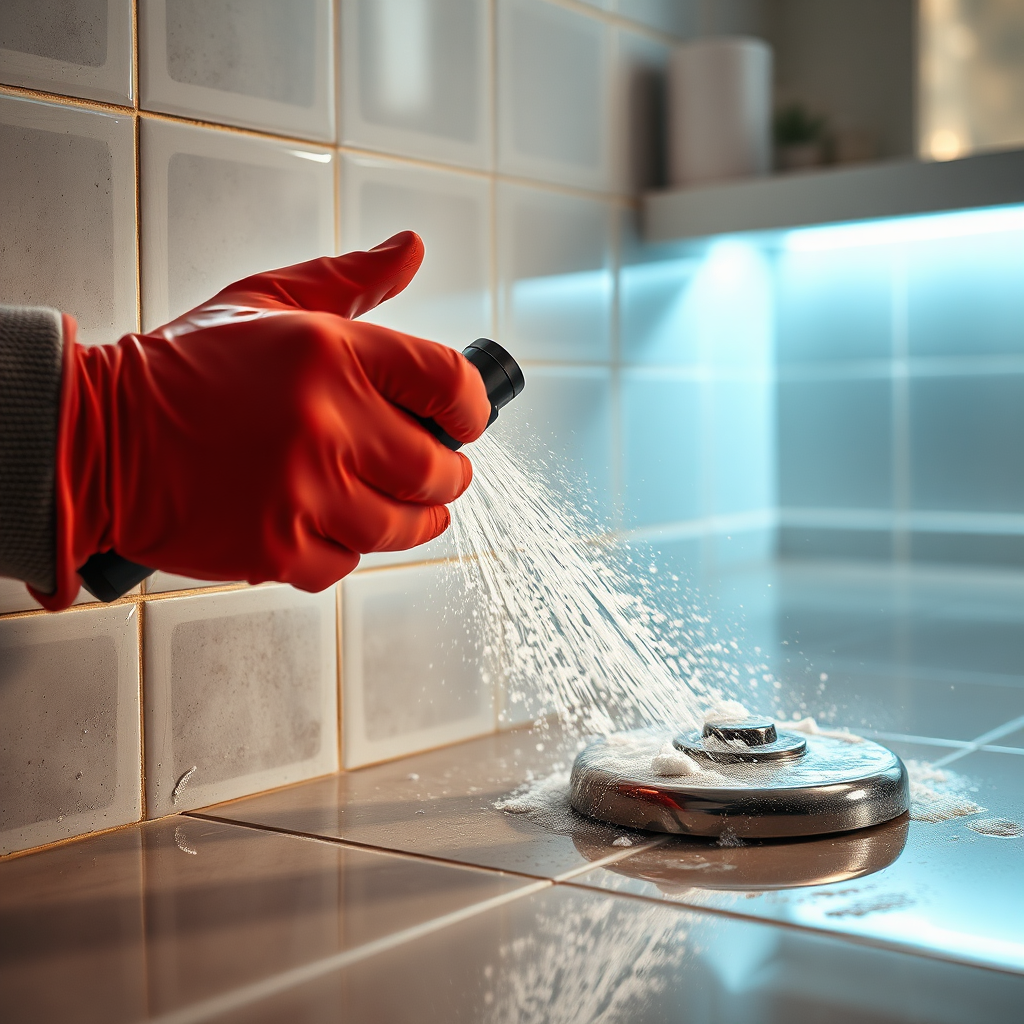 Create a visually engaging image focusing on deep cleaning techniques, like scrubbing tile grout or steam-cleaning surfaces. Capture the action with dynamic lighting and textures that depict the effort and results of deep cleaning, bringing out the shine of surfaces and the freshness of the environment in a photorealistic manner.