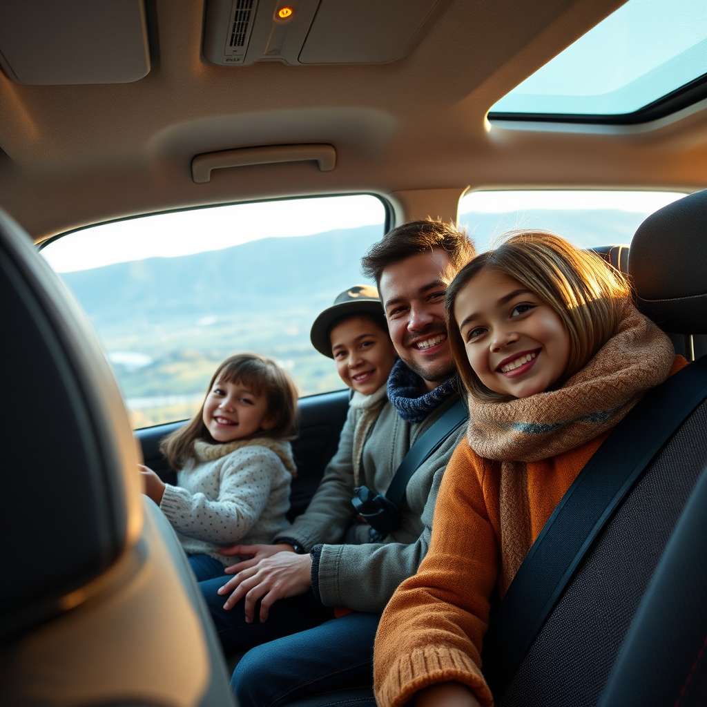 Create an image that depicts a family embarking on a transport journey with Kalo services. Show them comfortably seated in a modern vehicle, smiles on their faces, as they enjoy their trip. The environment should reflect a serene landscape view outside the window, indicating a smooth ride. The interior should have soft, warm lighting to create a cozy atmosphere. Focus on capturing the texture of the vehicle's interiors to enhance the sense of comfort.