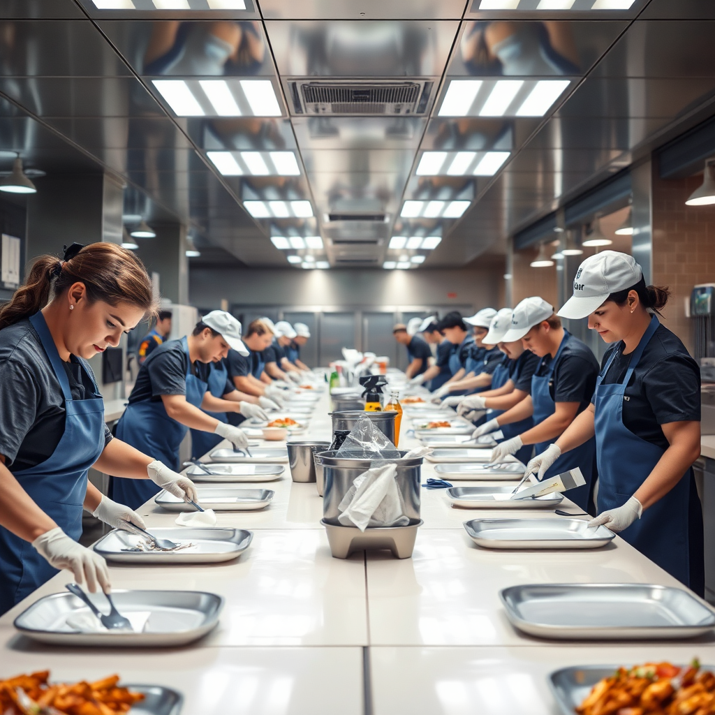 Depict a bustling cantine environment with staff actively engaging in cleaning. Show bright lighting illuminating clean tables and freshly prepared food. The composition can illustrate unity and teamwork in maintaining cleanliness, presented in stunning detail for a realistic feel.