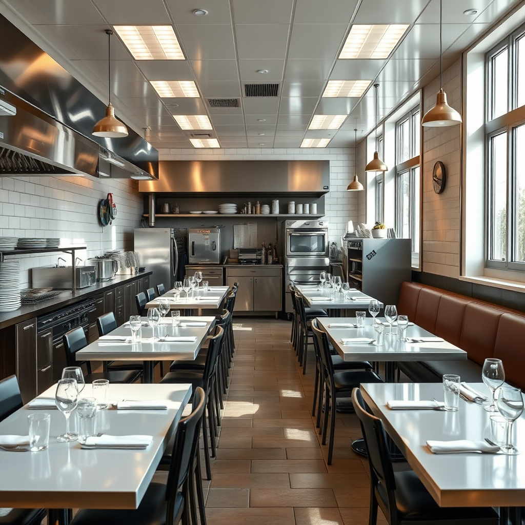 Depict a clean cantine setting with tables impeccably arranged and kitchen equipment shining. Natural light should flow through the windows, showcasing the cleanliness and preparedness for diners. The scene should evoke a sense of readiness and hygiene, styled in a high-quality, photorealistic manner.
