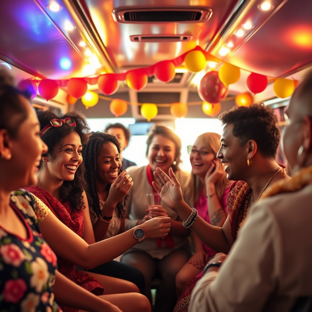 Design a heartwarming scene of diverse groups of people celebrating after a successful trip with Kalo Transport, perhaps at an event or destination. Focus on joyful interactions and camaraderie, with colorful decorations surrounding them. The use of bright, festive lighting can enhance the mood, making the image lively and representative of community engagement.