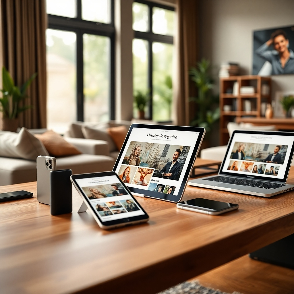 Generate a detailed high-quality image showcasing a diverse array of devices (smartphones, tablets, laptops) displaying a beautifully responsive website. Set the devices on a sleek wooden table in a cozy modern living room, with soft diffused lighting filtering through large windows. The color palette should include warm earth tones like browns and greens, promoting a cozy and inviting atmosphere. The focal point is a tablet angled prominently, showing an elegant website layout that adjusts elegantly between different screen sizes. The depth of field should blur the background slightly, suggesting a comfortable living space with stylish furniture, books, and indoor plants. The camera perspective should be level with the table, ensuring a clear view of the screens. Make the textures on the devices hyperrealistic, emphasizing reflections and details, and achieve an ultra-detailed look in 8K resolution. Draw inspiration from lifestyle photography styles typical in tech advertisements.