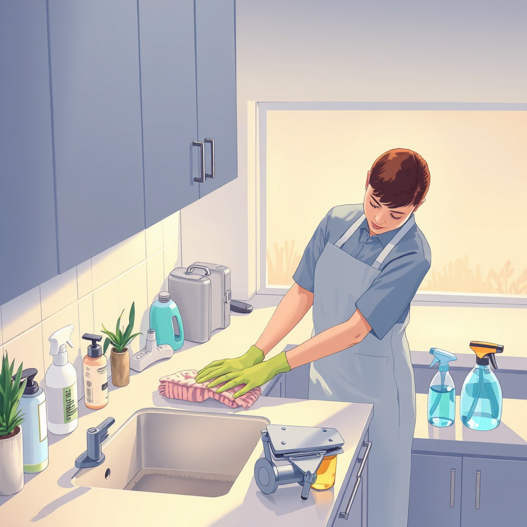 Illustrate a daily cleaning routine scene captured from a high angle, featuring a cleaning professional wiping counters, with a timepiece highlighting efficiency. Use ambient light to create a warm atmosphere, while showcasing cleaning supplies organized in a stylish manner, all rendered in high detail to reflect a commitment to cleanliness.