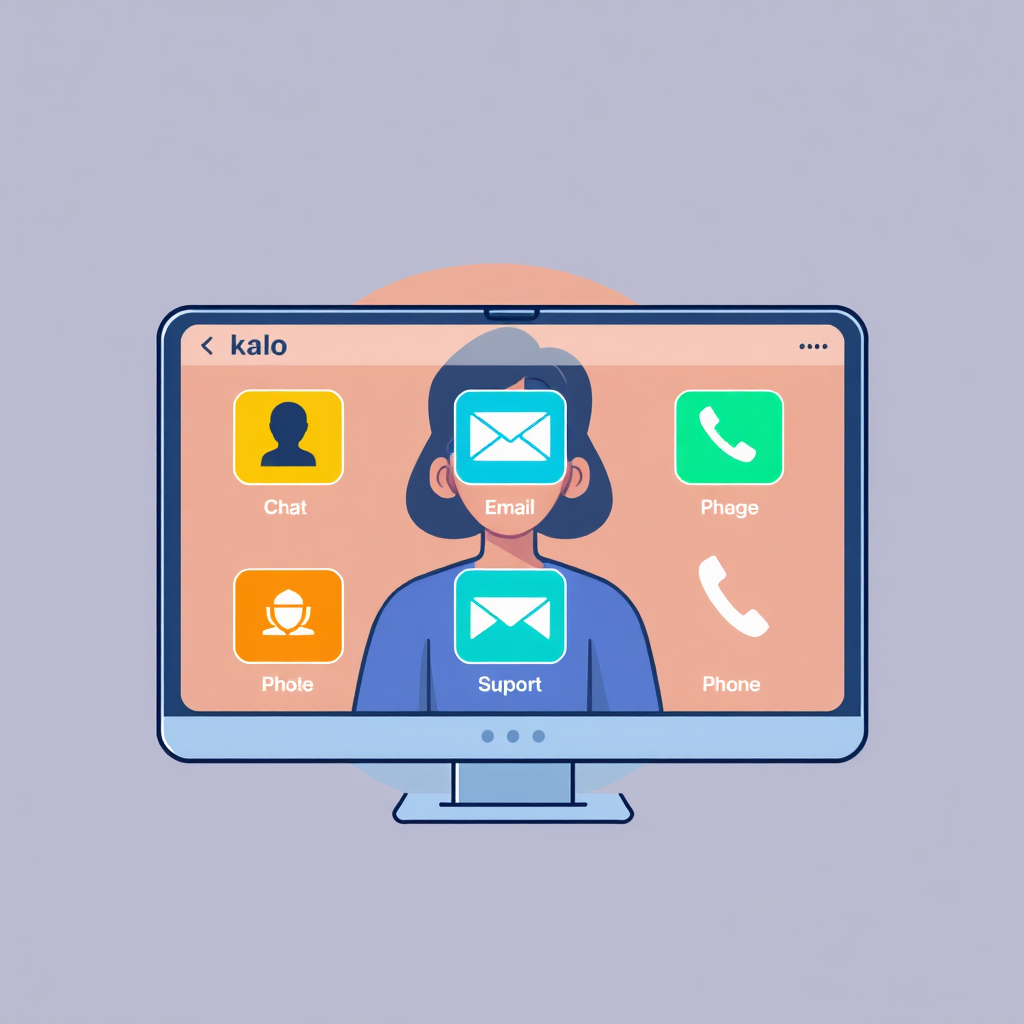 Illustrate a digital interface showcasing Kalo's support options, including chat, email, and phone. The screen should display an interactive design with modern aesthetics. The background could show a virtual assistant character, providing a friendly touch. Bright colors and a clean layout should make the image appealing and easy to navigate.