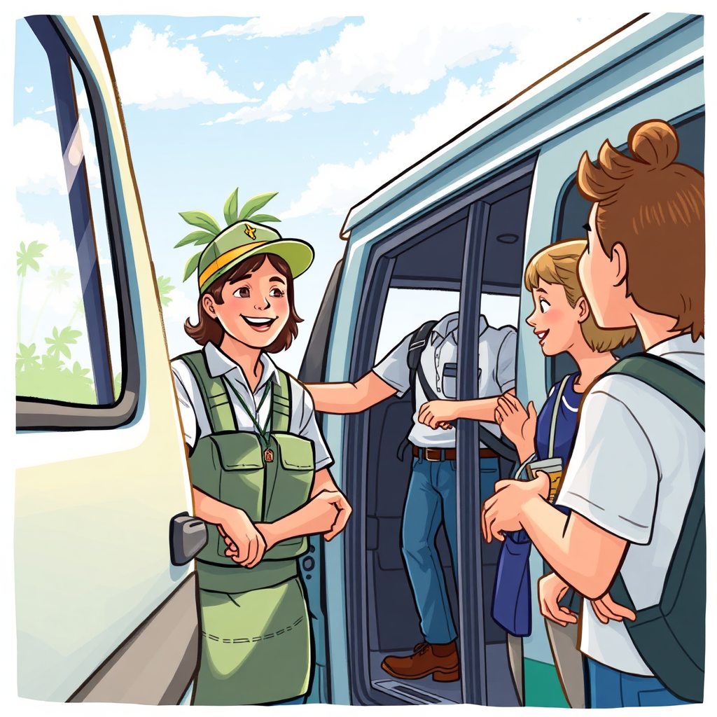 Illustrate a friendly Kalo Transport driver greeting passengers as they board a van. Capture the driver's welcoming demeanor amidst a bright, sunny day. The composition should focus on the interactions among passengers, highlighting the comforting atmosphere. Use soft, diffused lighting to make the scene inviting while paying attention to the details of the vehicle and passengers’ expressions.