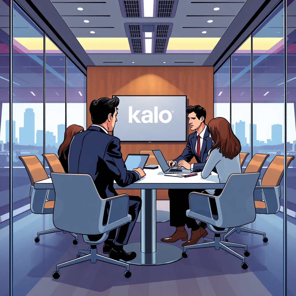 Illustrate a modern boardroom where corporate clients are discussing transport arrangements with a Kalo representative. Utilize a sleek and polished design with high-quality materials like glass and metal. The lighting should be bright and professional, highlighting the collaborative atmosphere with details like laptops and notepads visible.