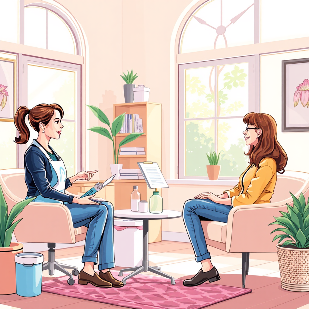 Illustrate a vibrant consultation setting where a cleaning service professional discusses a custom cleaning plan with a client. Capture the warm interaction amidst a clean and organized environment, utilizing natural light for a welcoming atmosphere, rendered in rich detail and clarity.