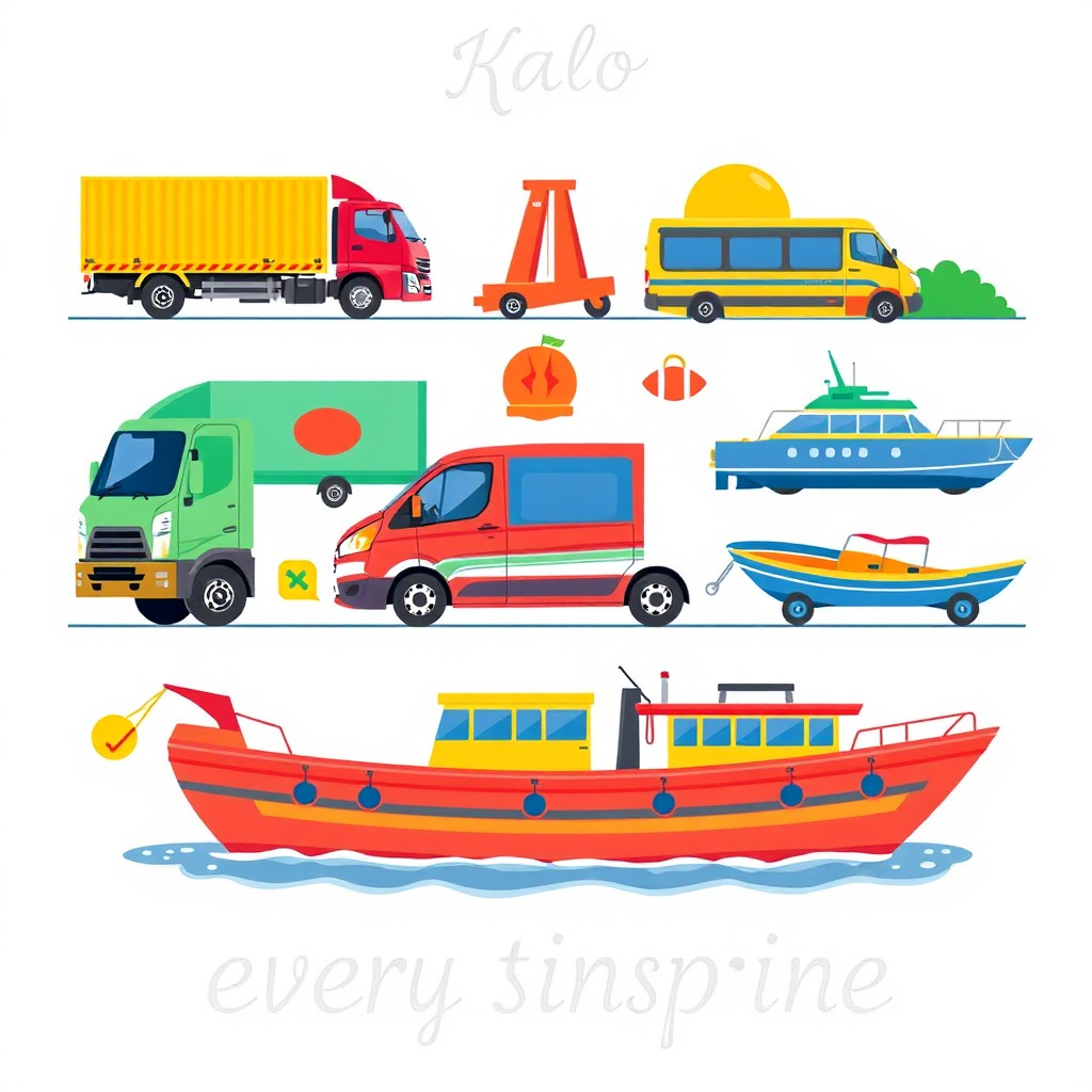 Illustrate a vibrant graphic showing different modes of transportation provided by Kalo, such as trucks for freight, vans for personal travel, and boats for aquatic transport. The layout should be colorful and engaging, representing each service with distinct, eye-catching icons. Use bright, complementary colors against a clean white background to energize viewers. The lighting should be even, ensuring all details pop. Aim to inspire a sense of connectivity with every service offered.