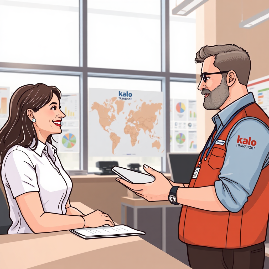 Illustrate an interaction between a satisfied customer and a Kalo Transport service representative in a modern office filled with transport branding. Show a warm, productive environment with charts and maps in the background. Utilize natural light streaming through large windows to create an inviting atmosphere, emphasizing professionalism and trustworthiness.