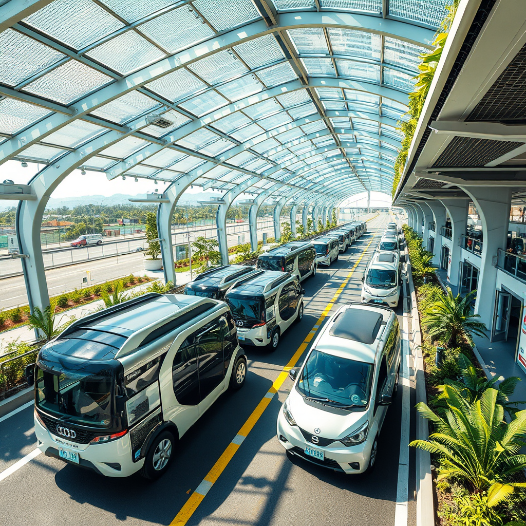 Portray an innovative transport hub featuring electric vehicles, showcasing Kalo Transport's commitment to sustainability. The image should reflect futuristic design elements, with solar panels and greenery integrated into the transport environment. Bright natural lighting should enhance the modern aesthetic. Use a high-angle view capturing the bustling activity and diverse vehicles being utilized, emphasizing progress and technology in transport services.