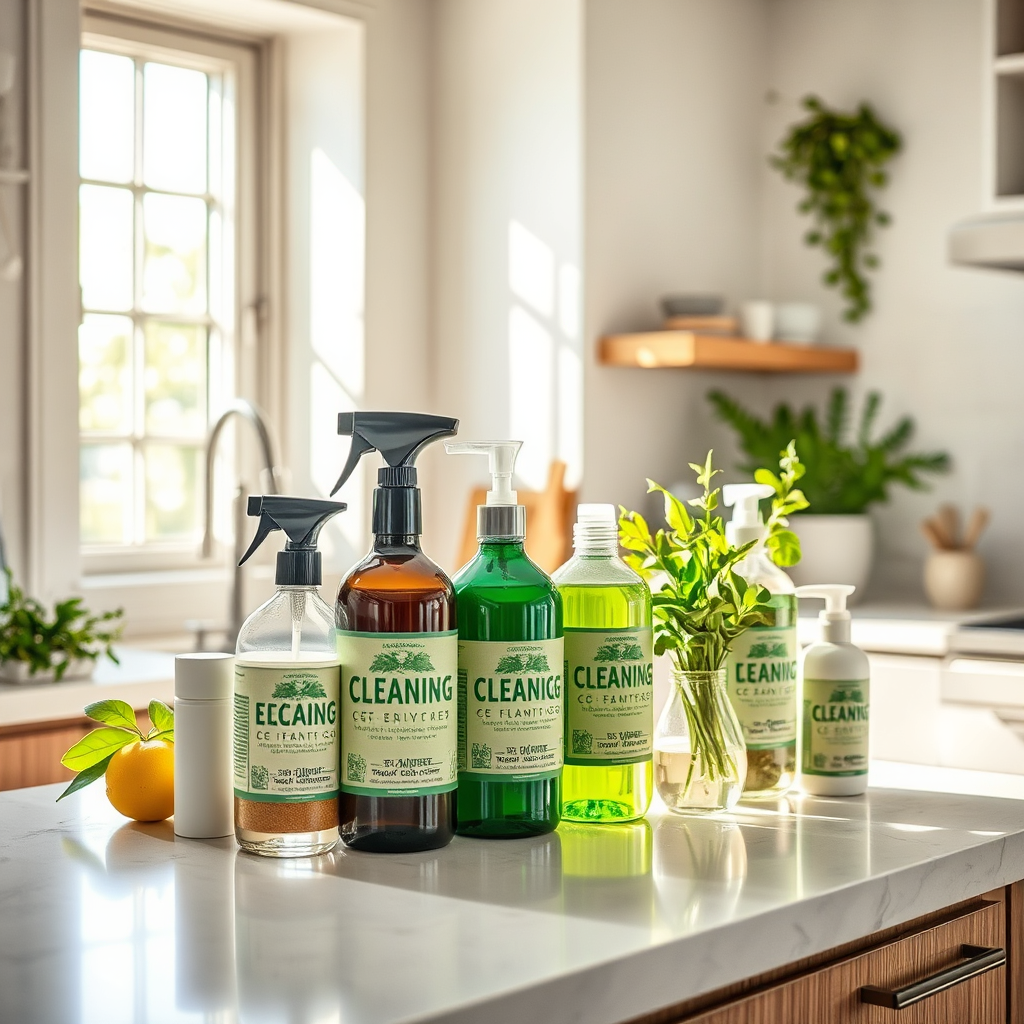 Present an image featuring eco-friendly cleaning products arranged on a fresh kitchen counter. Sunlight streaming through a window highlights the greenery and brightness of the space. The textures of the products and countertops should feel lifelike and organic, encapsulating a commitment to sustainability, in a photorealistic manner.