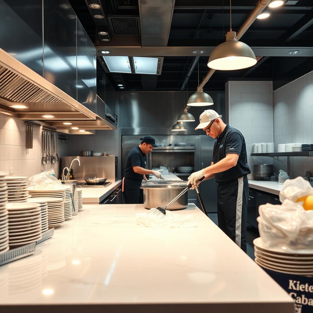 Show a bustling restaurant kitchen being cleaned by experienced staff. Bright, clean surfaces and professional equipment should dominate the scene, showcasing efficiency. Employ high-intensity lighting to emphasize the pristine condition of the work environment, ensuring the image is hyperrealistic and visually compelling.