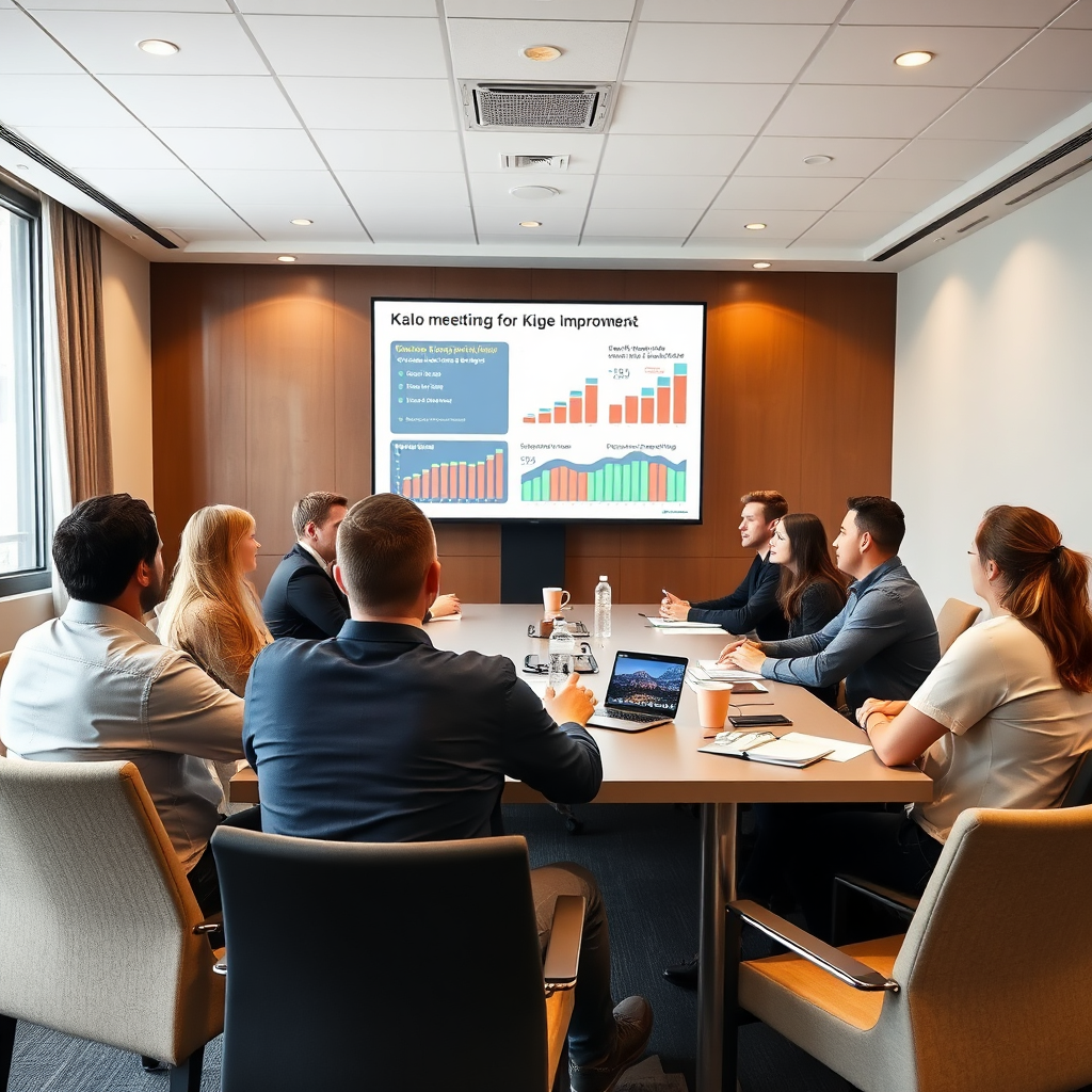 Show a Kalo Transport team meeting where employees share ideas for service improvement. The setting should have a comfortable conference room atmosphere with a large screen displaying critical metrics. Use bright lighting to ensure the space feels open and inviting, emphasizing collaboration.