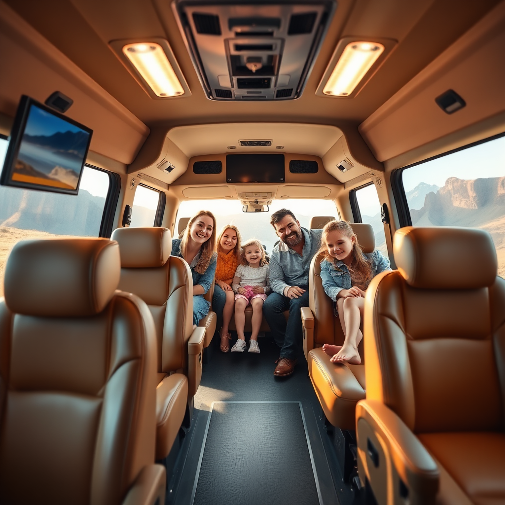 Show an inviting interior of a Kalo Transport van with leather seats and ample space. Add elements such as overhead lights and an entertainment system to make it luxurious. The background should show a happy family enjoying their ride, with large windows displaying beautiful scenery outside. Use warm and welcoming colors.