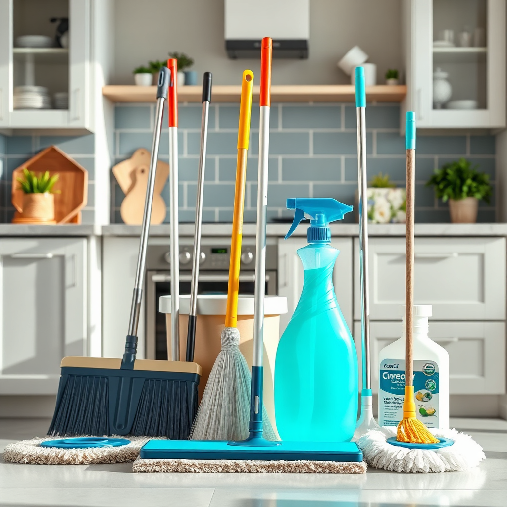 Showcase an array of modern cleaning tools such as mops, brooms, and eco-friendly sprays arranged aesthetically in a clean kitchen setting. Use natural light to enhance the vibrancy of the scene and highlight the importance of quality cleaning supplies, captured in high-resolution detail.