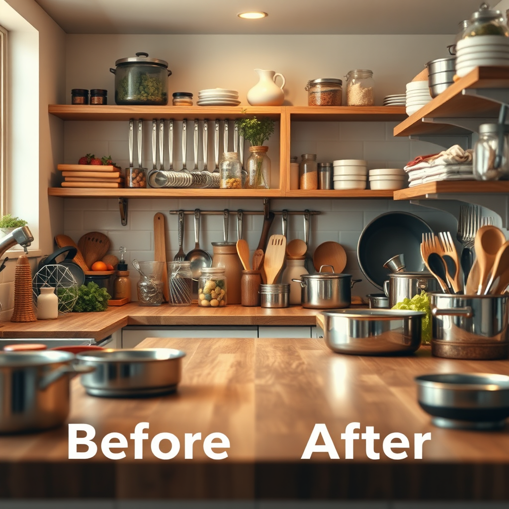 Visualize a clean and organized kitchen workspace filled with neatly arranged utensils and ingredients. The lighting should be warm and inviting, highlighting the textures of wooden surfaces and shiny metal cookware. The angle can showcase a before-and-after perspective, emphasizing the contrast of chaos versus order, captured in a photorealistic style.