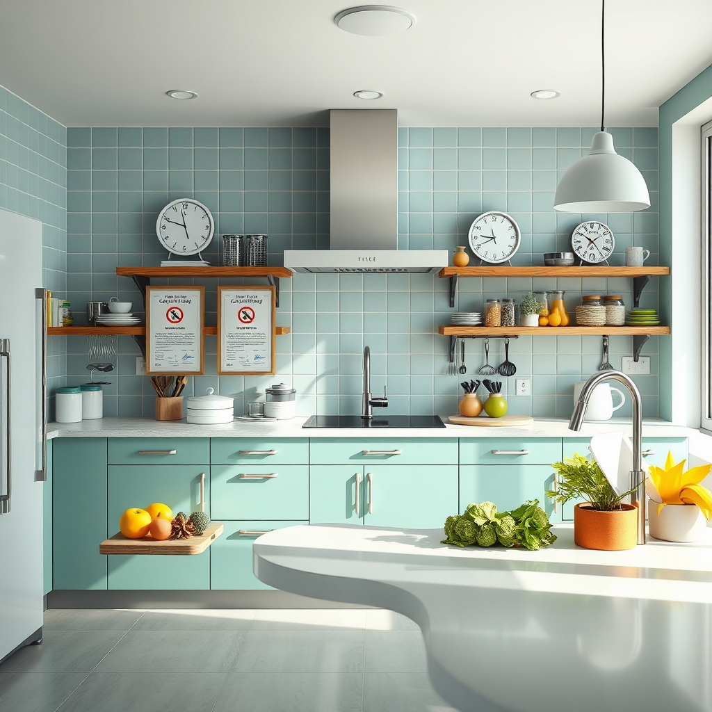 Visualize a kitchen after a thorough cleaning, with health and safety certifications prominently displayed. The scene should radiate a sense of safety, order, and hygiene, employing color contrasts that represent freshness and cleanliness in a high-quality, photorealistic manner.