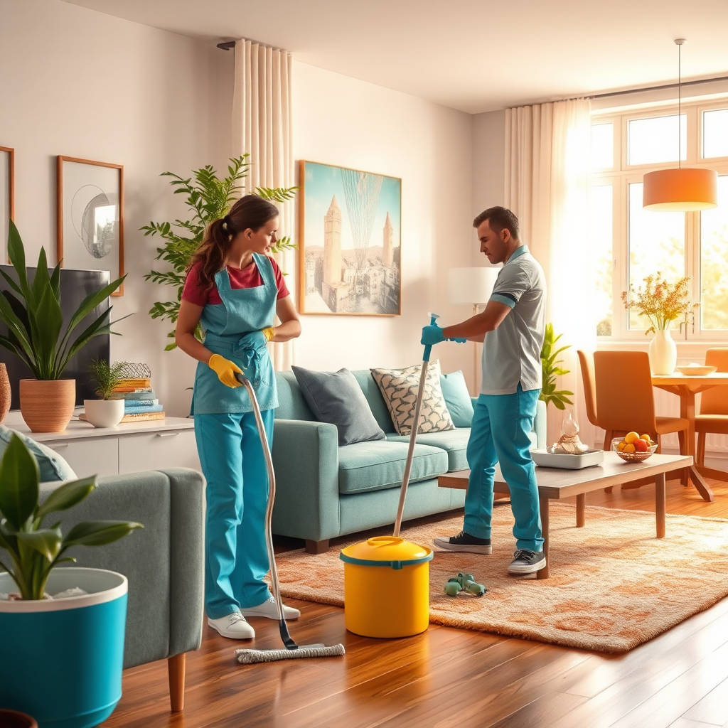 Visualize a lively residential space being cleaned thoroughly by professionals. The image should highlight sparkling surfaces, clean furniture, and vibrant decor, all under warm ambient lighting to evoke comfort and cleanliness. Capture the action in a photorealistic style, ensuring that every detail speaks of meticulous care.