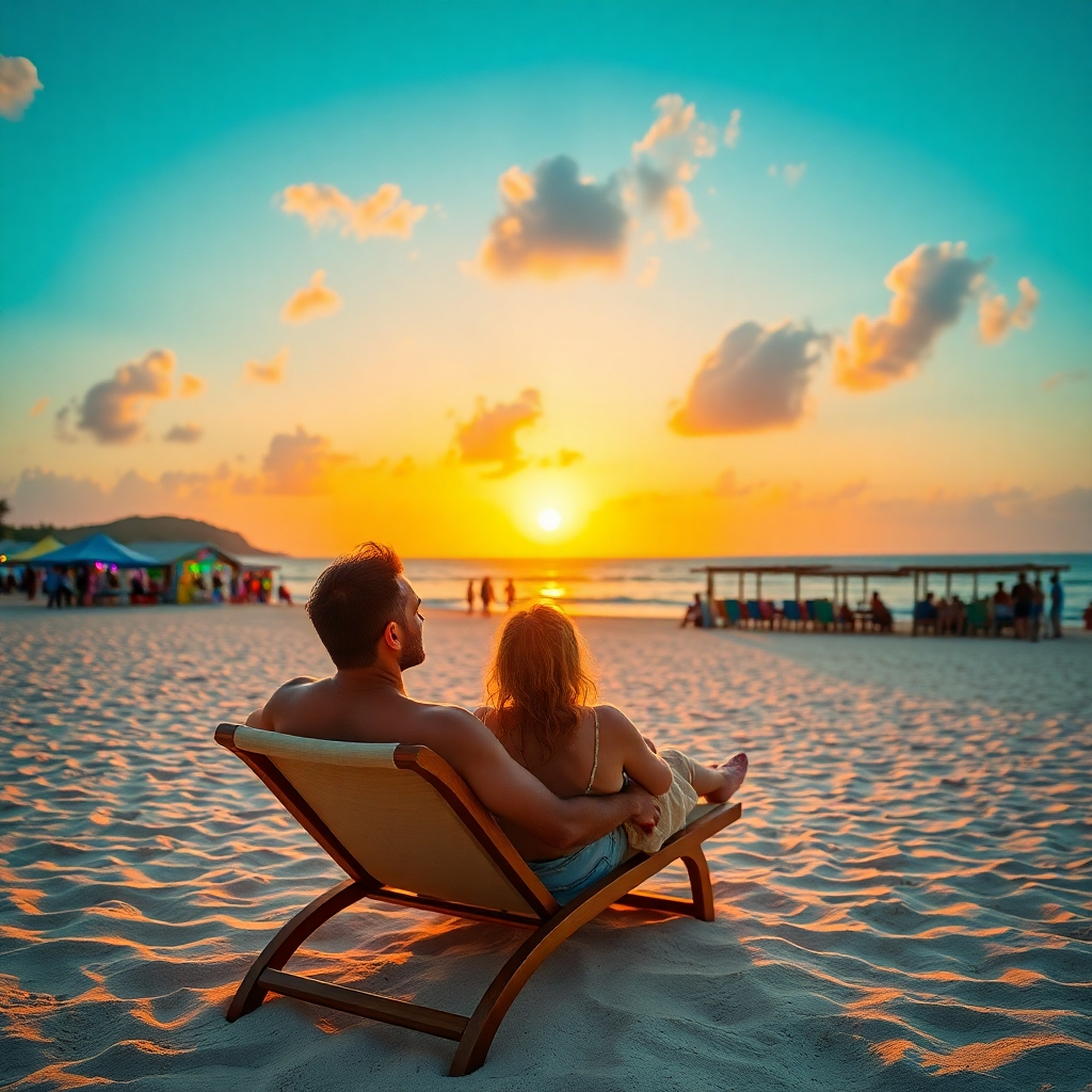 A beautiful beach in Sosua with golden sands and turquoise waters, surrounded by colorful beach bars and local markets in the background. In the foreground, a couple enjoys a sunset while lounging on a beach chair, emphasizing relaxation and leisure.