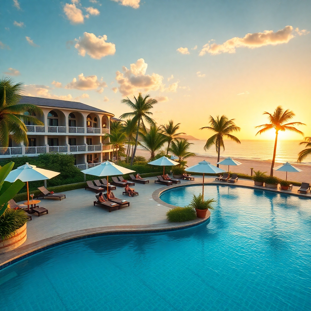 A beautiful beachfront hotel in Sosúa, featuring lush tropical gardens and a sparkling pool. Show the hotel with guests relaxing on the beach, sipping cocktails under umbrellas, with the ocean and sunset in the background.