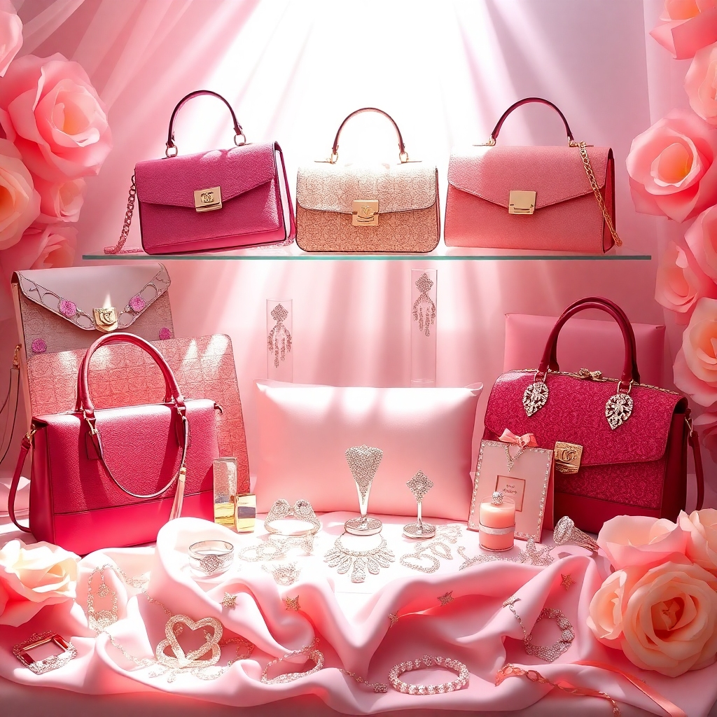 A beautifully arranged display of elegant handbags and sparkling jewelry surrounded by soft pastel colors, with light rays cascading down to illuminate them, creating a warm and inviting atmosphere that embodies love and celebration.