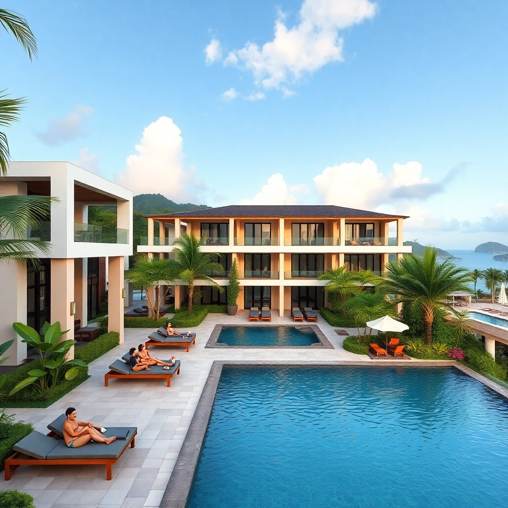 A beautifully designed resort in Sosua featuring modern architecture, lush tropical gardens, and a relaxing pool area. The image shows guests enjoying the amenities, with a hint of the beach in the background, exuding a luxurious vibe.