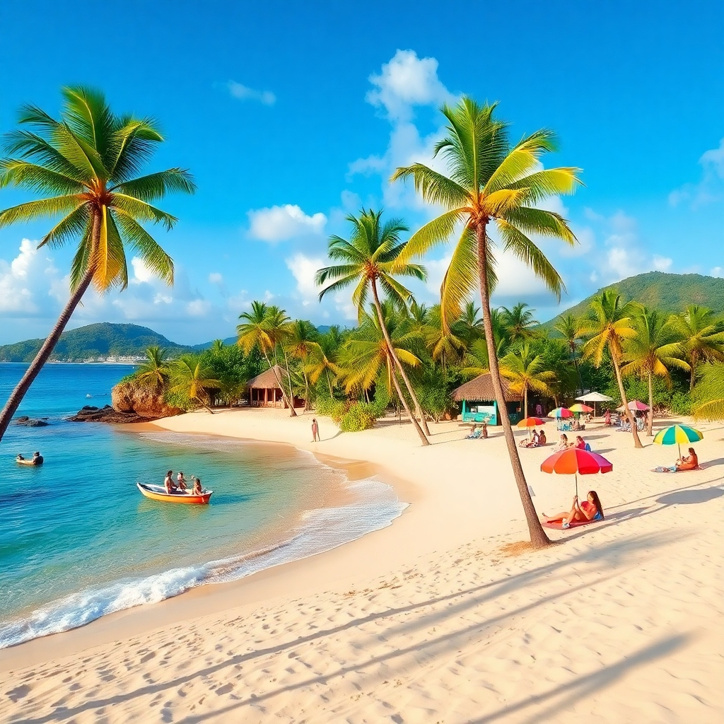 A breathtaking view of Sosua Beach with soft, golden sand and turquoise water. Include sunbathers relaxing on the beach, colorful beach umbrellas, and palm trees swaying gently in the breeze, giving a vibrant and tropical atmosphere.