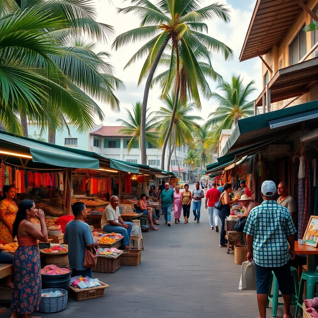 A busy street scene in Sosua filled with colorful market stalls, local artisans displaying crafts, and people enjoying traditional Dominican food at open-air cafes. The backdrop should feature palm trees and local architecture to capture the essence of Sosua.