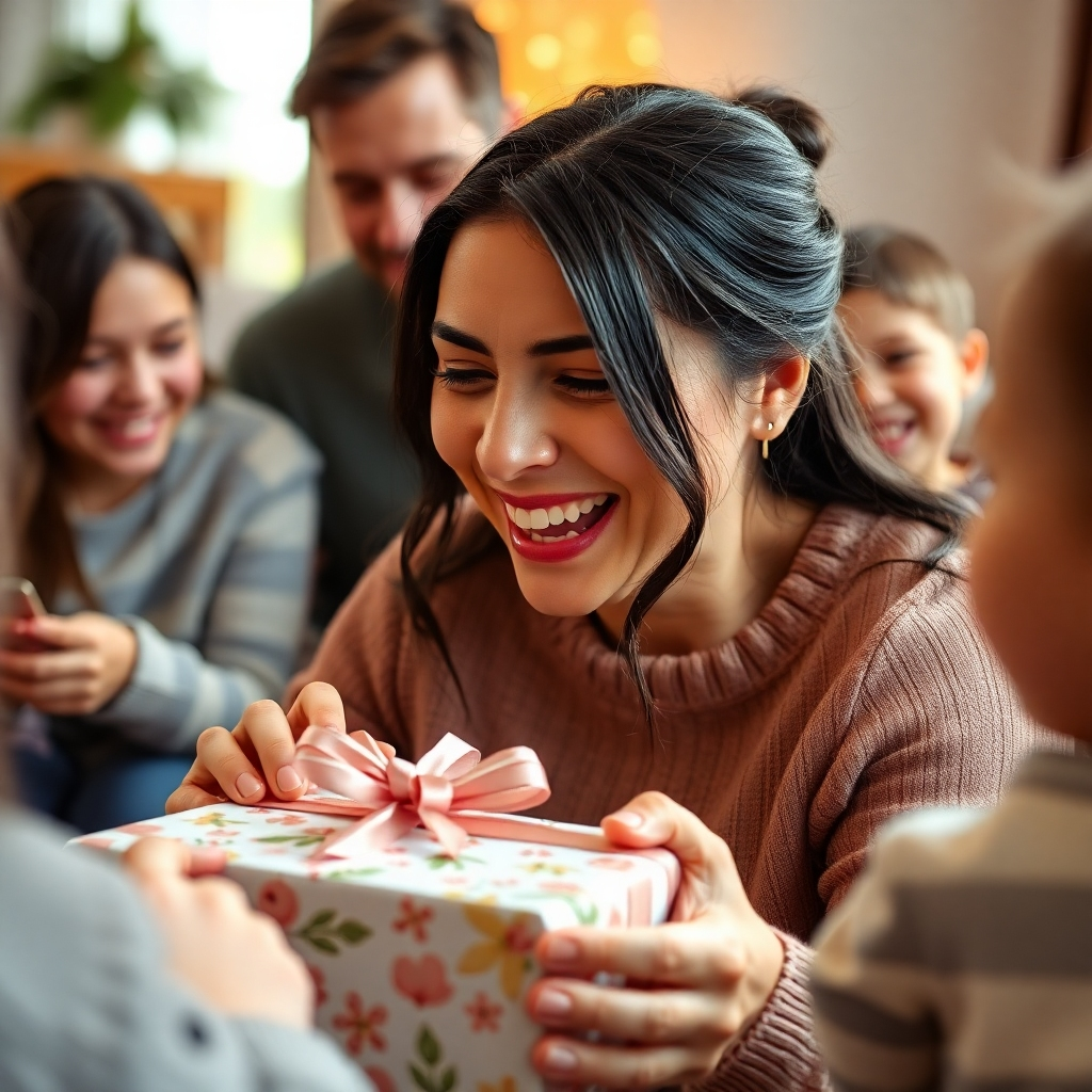 A close-up of a mother’s emotional reaction as she opens a beautifully wrapped gift in a cozy living room, with tears of joy glistening on her cheeks, surrounded by loved ones sharing in her happiness.