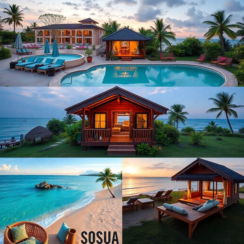 A collage showcasing various accommodation types in Sosua, including an all-inclusive resort with a large pool, a cozy Airbnb cabin, and a beautiful beach house. Each type should visually represent luxury, comfort, and local charm.