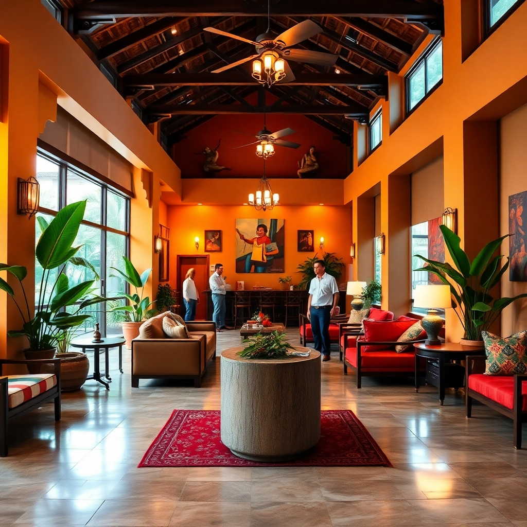 A cozy, inviting hotel lobby in Sosua, featuring warm lighting, comfortable seating, and friendly staff greeting guests. The decor includes tropical plants and local art, reflecting the vibrant culture of the area.