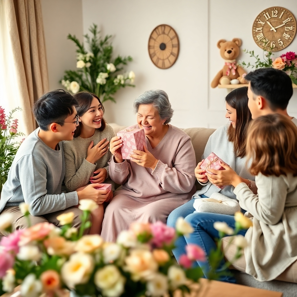 A heartwarming scene of family members joyfully presenting gifts to a mother, surrounded by a cozy, beautifully decorated living space filled with flowers and soft decorations, creating an atmosphere of love and celebration.