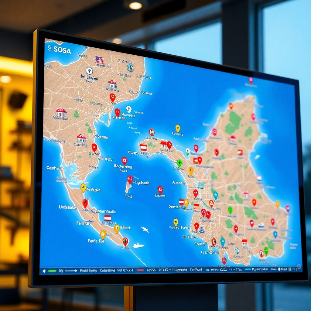 A high-quality, photorealistic image of a detailed interactive map interface on a digital screen, showcasing colorful icons for beaches, hotels, and attractions in Sosúa, with a user-friendly, modern design and vibrant colors.