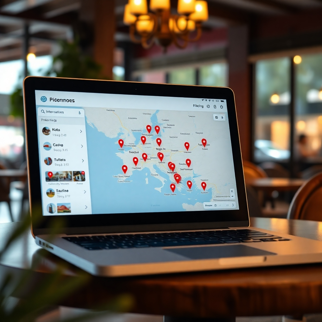 A high-quality image of an interactive map on a laptop screen with filter options activated, showcasing various pins for restaurants, entertainment, and accommodations in Sosúa, surrounded by a cozy café setting.