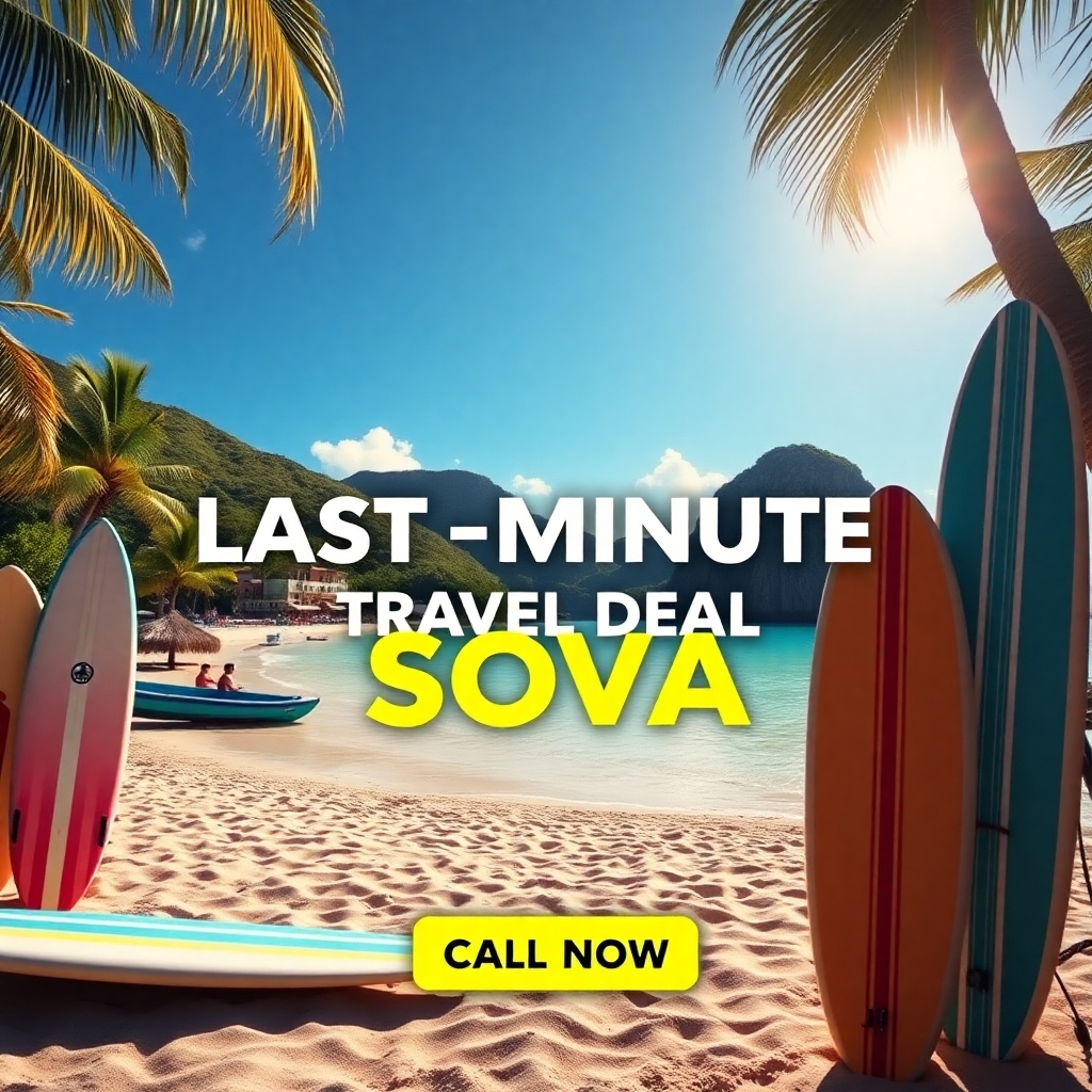A last-minute travel deal advertisement featuring stunning visuals of Sosúa. It includes a tropical beach, surfboards, and an enticing call-to-action button. The setting is vibrant and fills the frame with excitement and spontaneity.