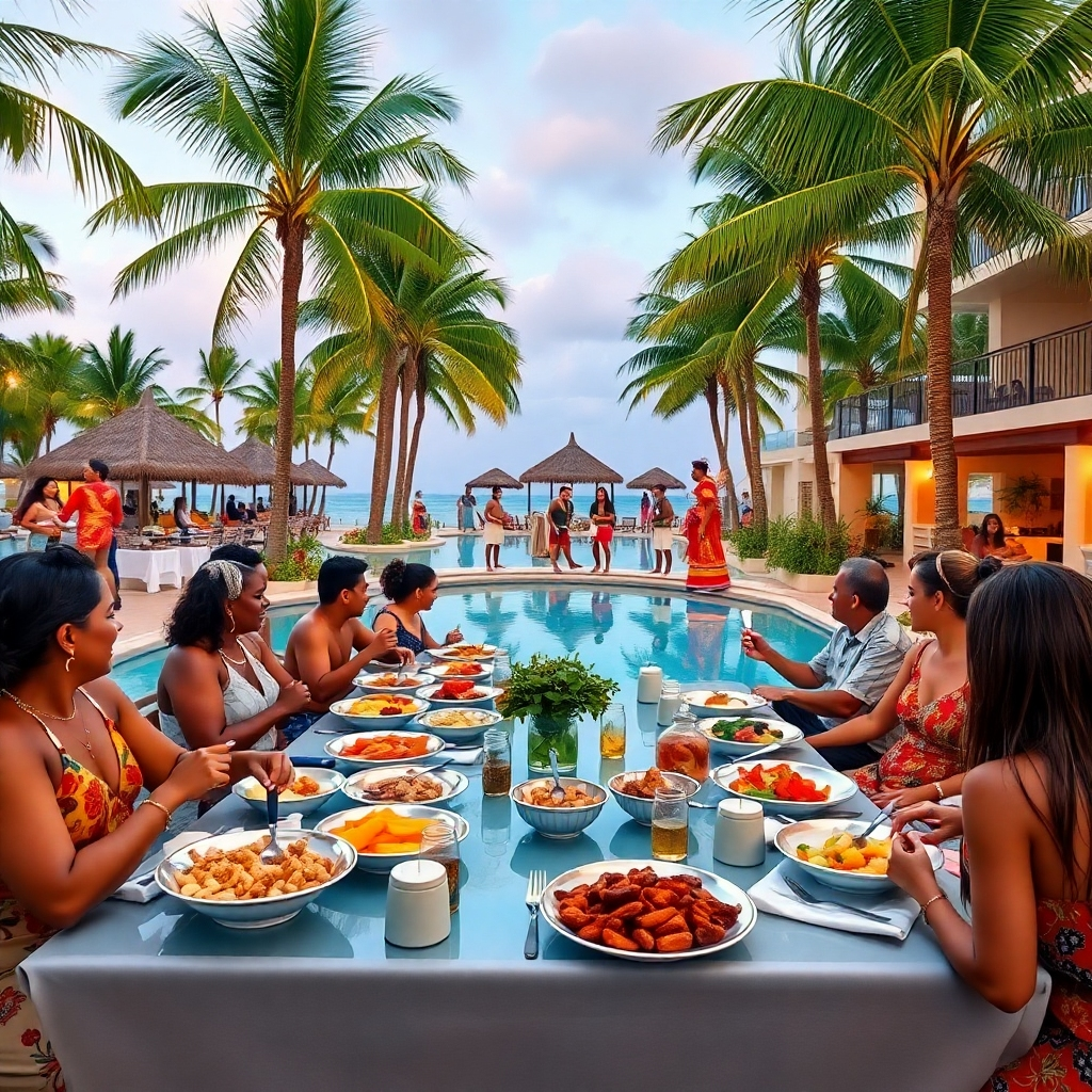 A lively scene of an all-inclusive resort in Sosúa, featuring guests enjoying a buffet meal outdoors by the pool. Include a variety of colorful dishes on the table, a backdrop of palm trees, and entertainers performing in traditional Caribbean attire, with a festive atmosphere.