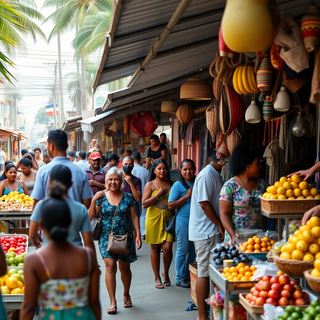 A lively street market in Sosua bustling with people of various backgrounds. Stalls filled with fresh fruits, Dominican foods, and handmade crafts, with locals engaging in friendly conversations. The atmosphere is vibrant, capturing the essence of community and culture.