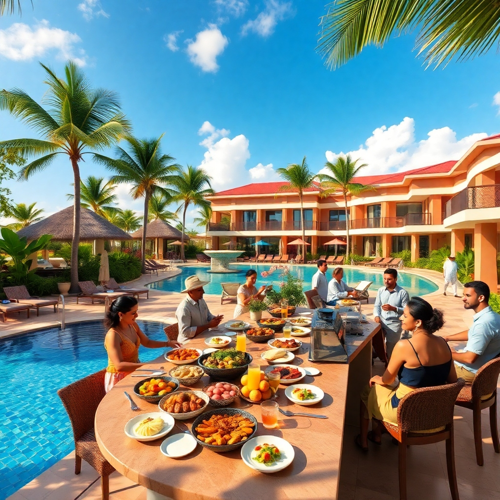 A luxurious all-inclusive resort in Sosua, featuring a lavish pool area surrounded by sun loungers and tropical gardens. A buffet table filled with diverse dishes, guests enjoying meals outdoors, and staff serving refreshments on a sunny day.
