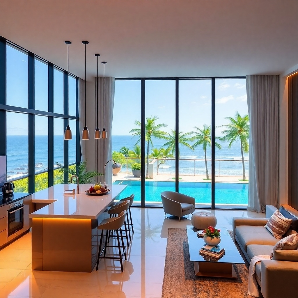 A luxurious apartment interior showcasing modern amenities such as a stylish kitchen, spacious living area, and a balcony with ocean views, complemented by palm trees and a sparkling pool in the background.