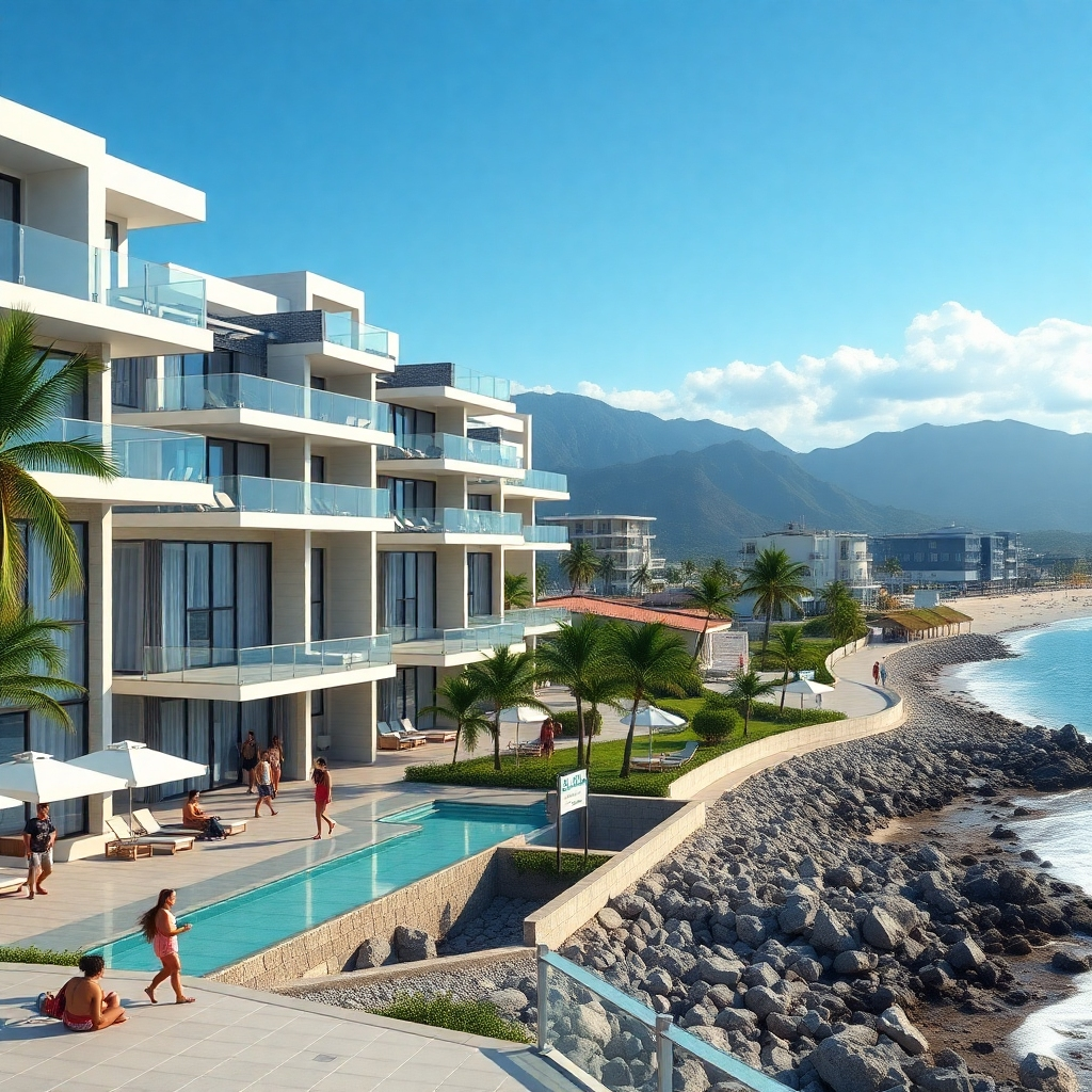 A modern apartment complex in Sosua with 'For Rent' signs prominently displayed, overlooking the beach. The scene shows tourists enjoying the surroundings, with a picturesque backdrop of mountains and a blue sky, symbolizing a profitable investment landscape.
