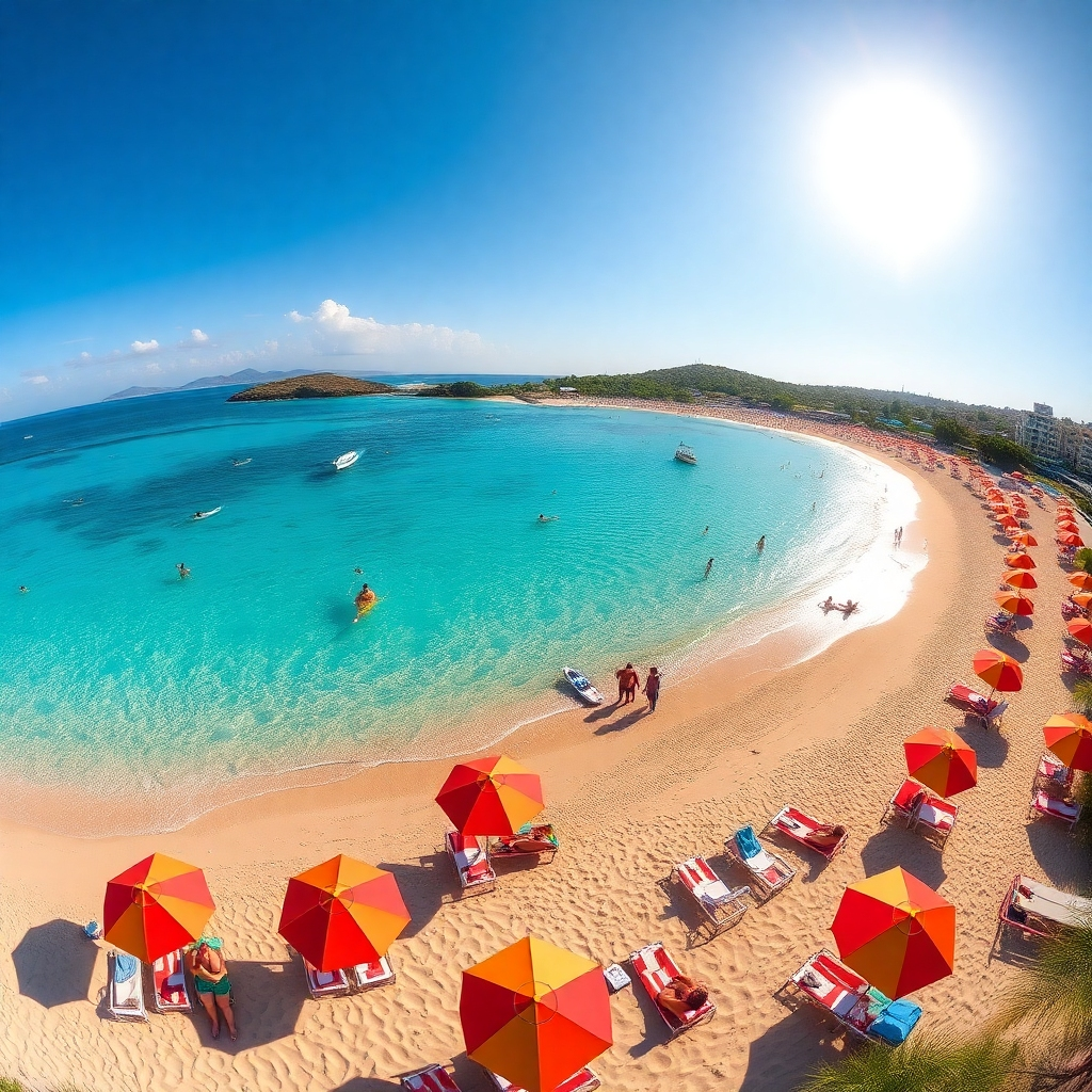 A panoramic view of Sosúa Beach featuring golden sands, clear turquoise waters, and vibrant beach umbrellas. Include people sunbathing, swimming, and enjoying water sports like snorkeling and paddleboarding. The sun is shining brightly, creating a tropical paradise atmosphere.