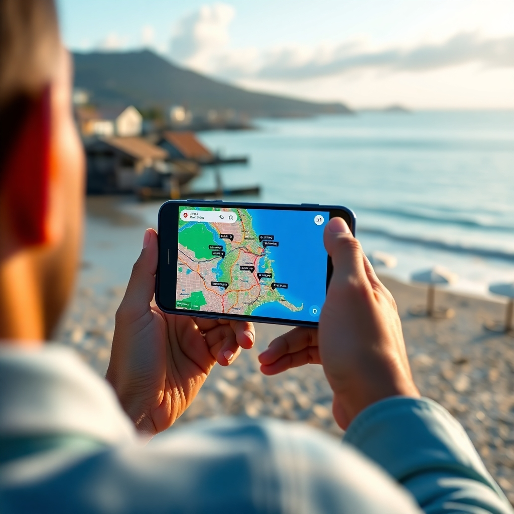 A photorealistic scene depicting a user looking at a smartphone displaying a vibrant, dynamic interactive map with real-time updates on weather, events, and traffic in Sosúa, set against a scenic beach backdrop.