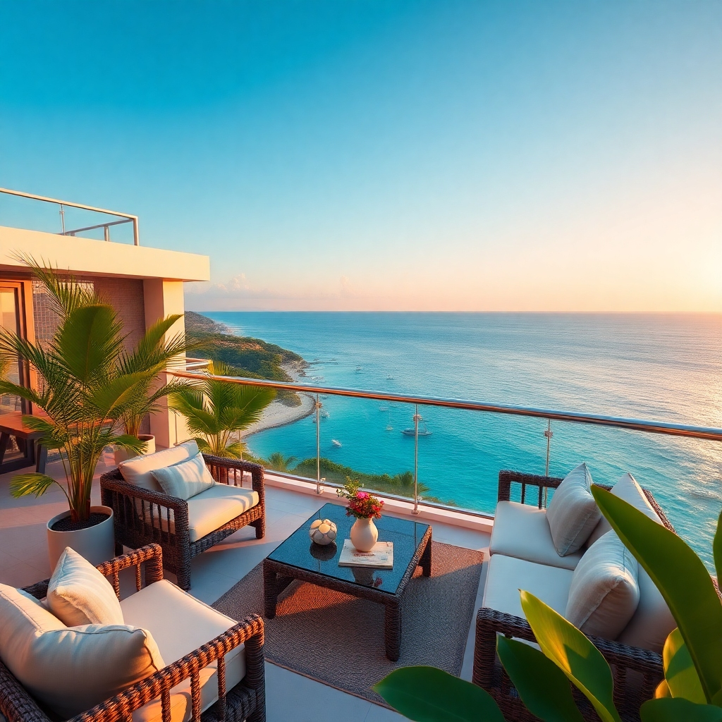 A photorealistic scene of a luxurious apartment balcony overlooking the Caribbean Sea, showcasing vibrant blue waters and a clear sky. Include tropical plants, comfortable outdoor furniture, and soft lighting during sunset to evoke a serene atmosphere.