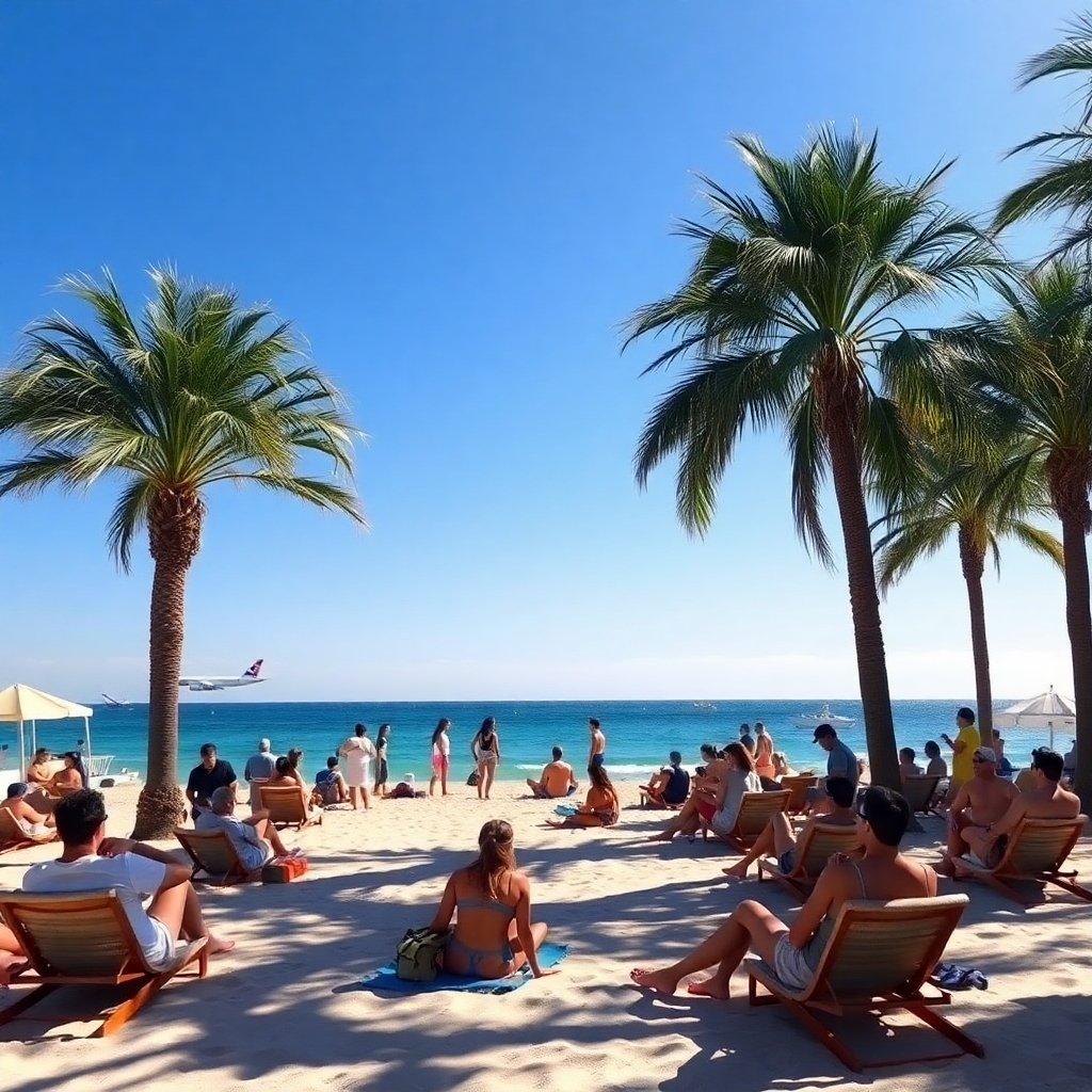 A picturesque beach scene in Sosúa, showcasing tourists lounging under palm trees, with a clear blue sky. In the background, an airplane visible in the sky signifies travel. The image conveys a sense of relaxation and adventure combined.