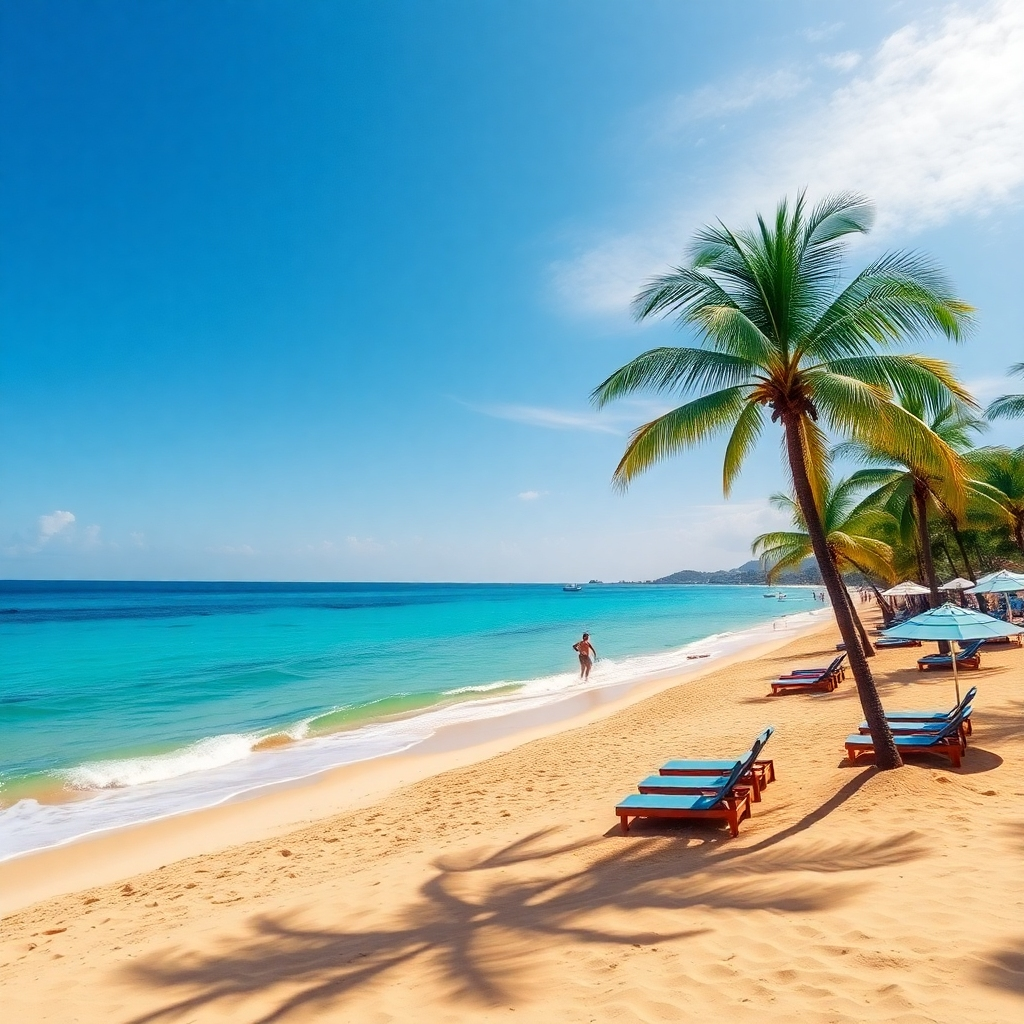A picturesque beach scene in Sosua, showcasing golden sands meeting vibrant, turquoise waters under a clear blue sky. Sandy beach loungers dotted with colorful umbrellas, palm trees swaying gently in the breeze, and a few beachgoers enjoying the sun.